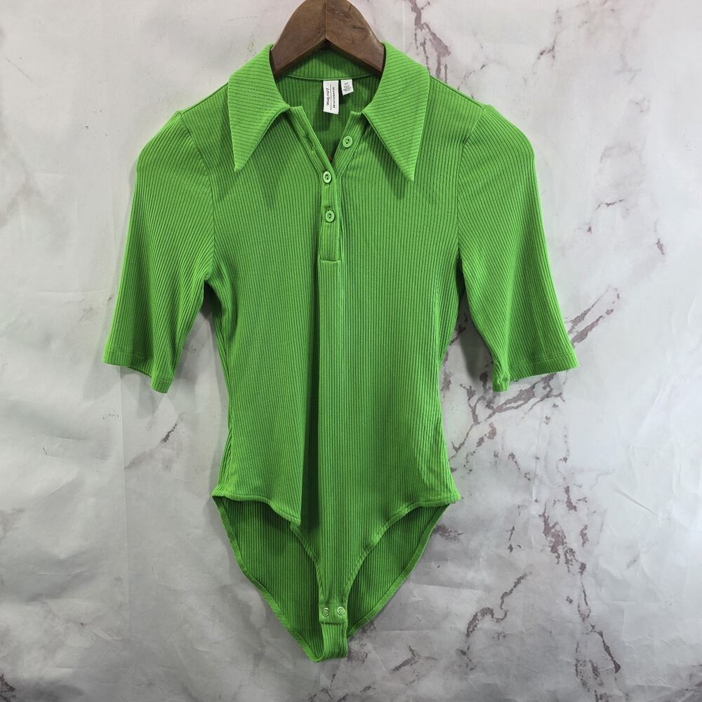 & Other Stories Bodysuit Womens Small Green Ribbed Bikini Snap Neon Lime